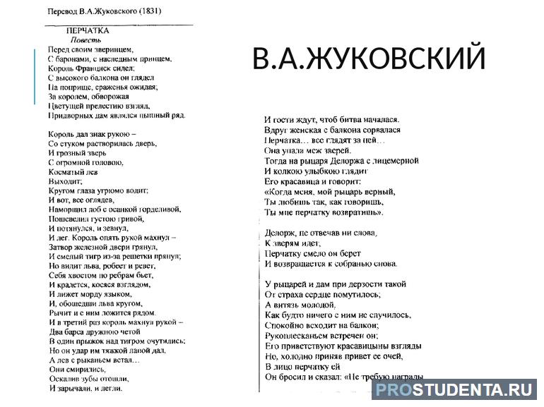 План баллады перчатка в переводе жуковского